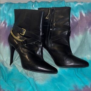 EUC Lauren Ralph Lauren Black Heeled Boots with Gold BuckLE